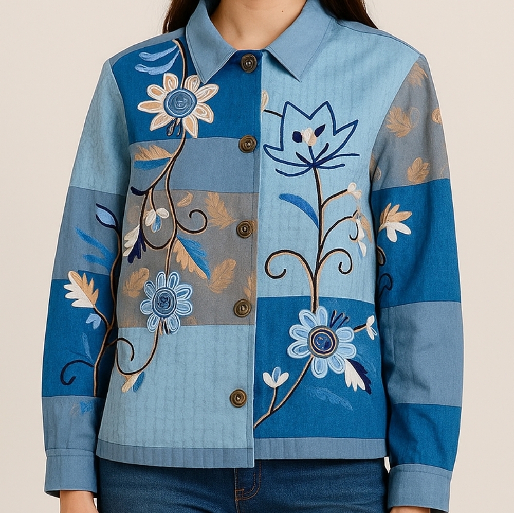 Indigo Moon Embroidered Boho Foilage Work Of Art Floral Jacket Granny Small